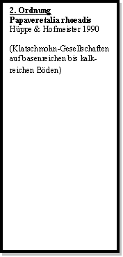Textfeld: 2. Ordnung
Papaveretalia rhoeadis
Hppe & Hofmeister 1990

(Klatschmohn-Gesellschaften
auf basenreichen bis kalk-reichen Bden)    
